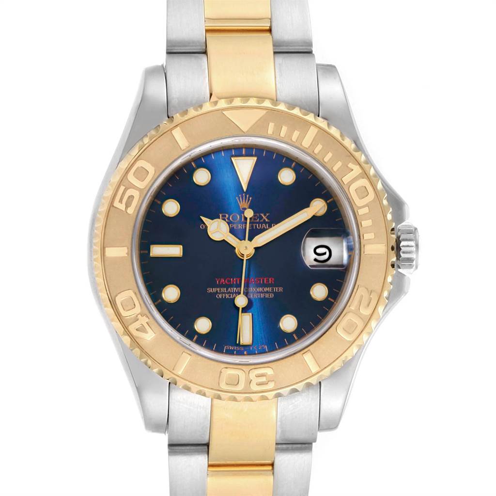 This Rolex Yacht-Master 168623 Men's Steel and Gold (two tone) Blue Dial 168623 Men's Steel and Gold (two tone) Blue Dial watch is shown from a front view, highlighting its blue dial, gold bezel, and two-tone bracelet.
