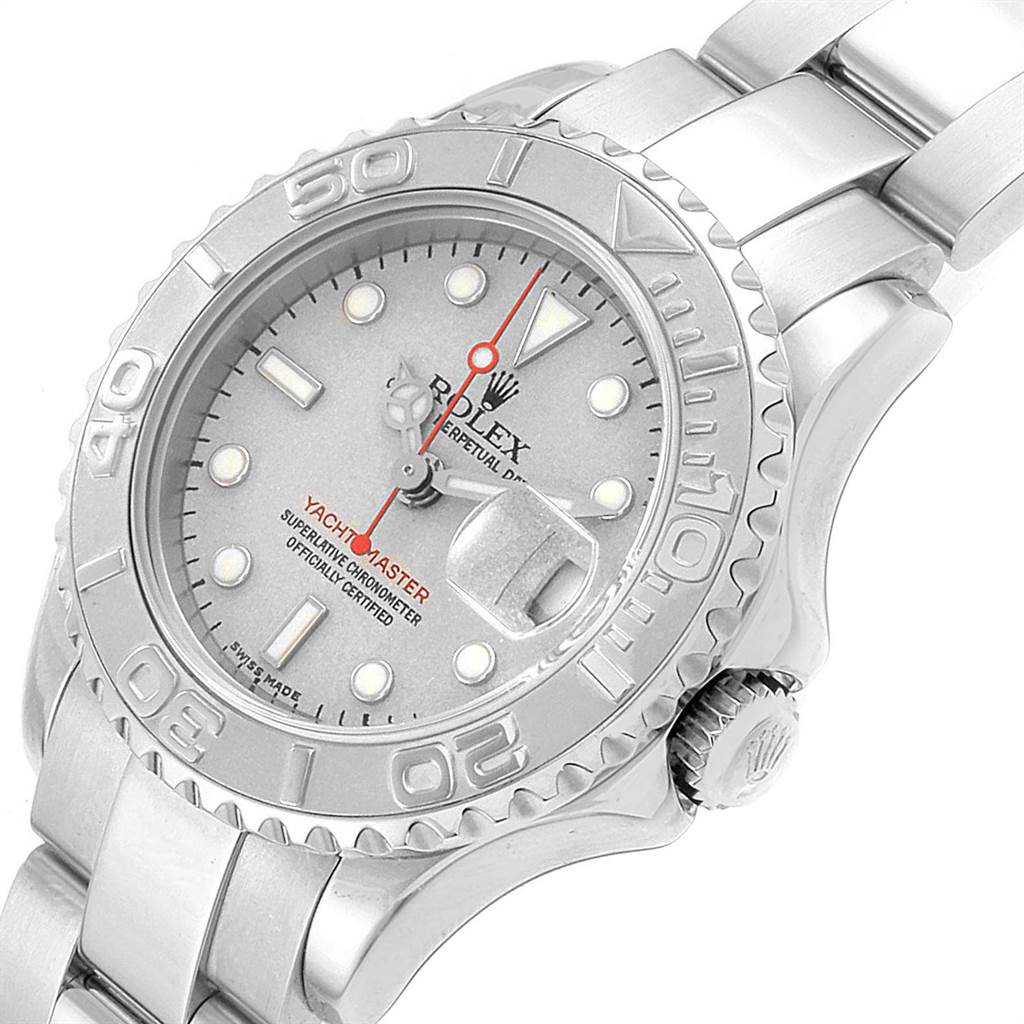 This is a close-up, angled view of the Rolex Yacht-Master 169622 Women
s Stainless Steel Silver Dial 169622 Women
s Stainless Steel Silver Dial watch showing the dial, bezel, and part of the bracelet.