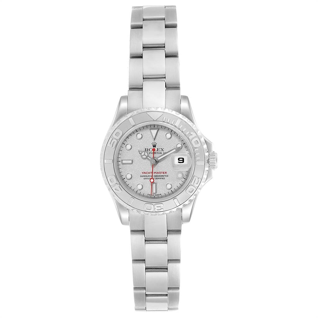 The image shows a frontal view of the Rolex Yacht-Master 169622 Women
s Stainless Steel Silver Dial 169622 Women
s Stainless Steel Silver Dial watch displaying the bracelet, dial, bezel, and crown.