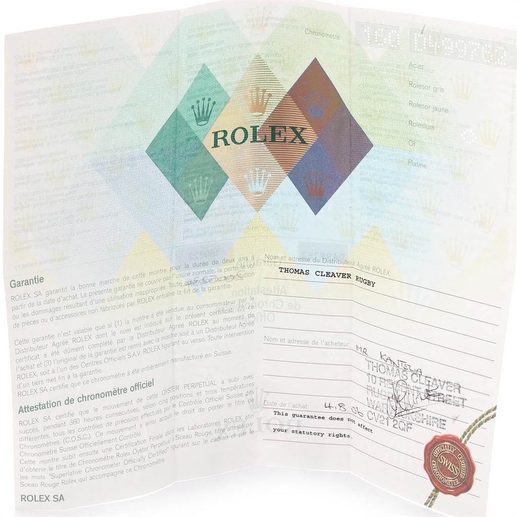 The image shows the warranty document for a Rolex Yacht-Master 169622 Women
s Stainless Steel Silver Dial 169622 Women
s Stainless Steel Silver Dial watch.