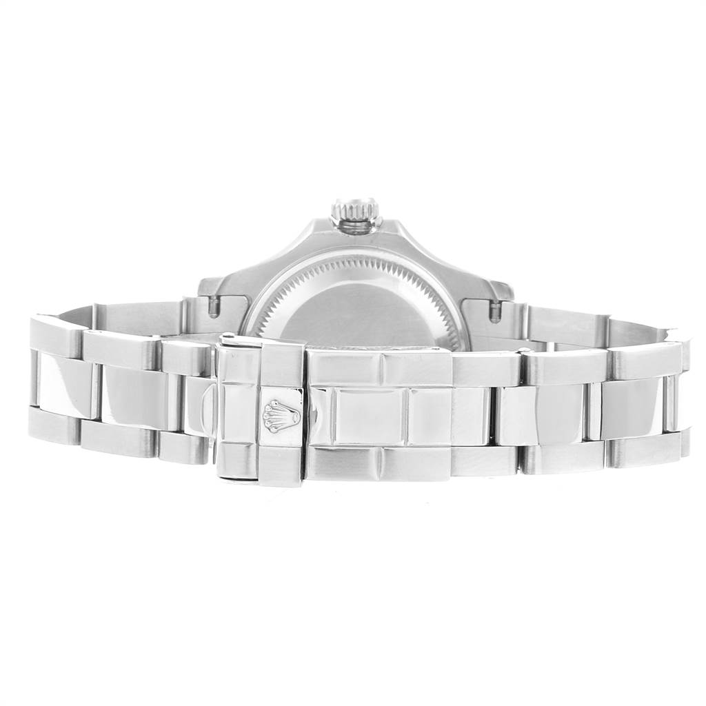 This image shows the back and bracelet of a Rolex Yacht-Master 169622 Women
s Stainless Steel Silver Dial 169622 Women
s Stainless Steel Silver Dial watch from a rear angle.