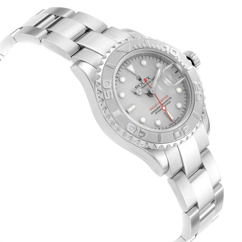 This image shows a side angle of a Rolex Yacht-Master 169622 Women
s Stainless Steel Silver Dial 169622 Women
s Stainless Steel Silver Dial watch, highlighting the dial, bezel, crown, and bracelet.