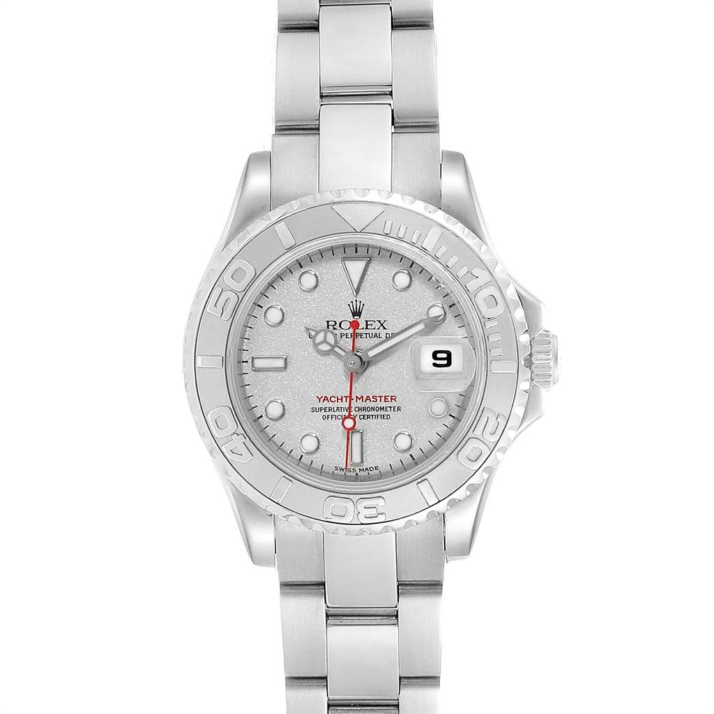 The image shows a front view of a Rolex Yacht-Master 169622 Women
s Stainless Steel Silver Dial 169622 Women
s Stainless Steel Silver Dial watch, highlighting its dial, bezel, and part of the bracelet.