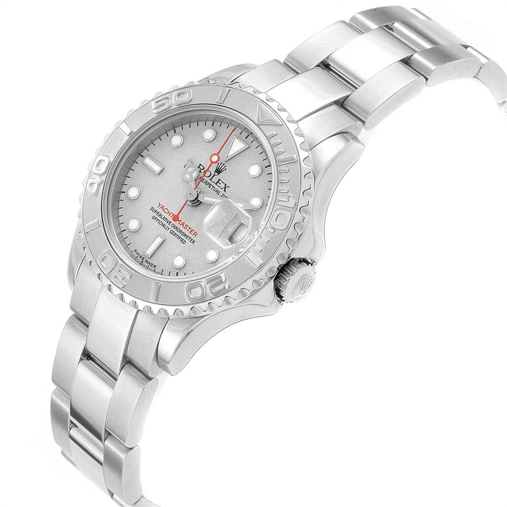 The Rolex Yacht-Master 169622 Women
s Stainless Steel Silver Dial 169622 Women
s Stainless Steel Silver Dial watch is shown from a front-angle, highlighting its face, bezel, and part of the bracelet.