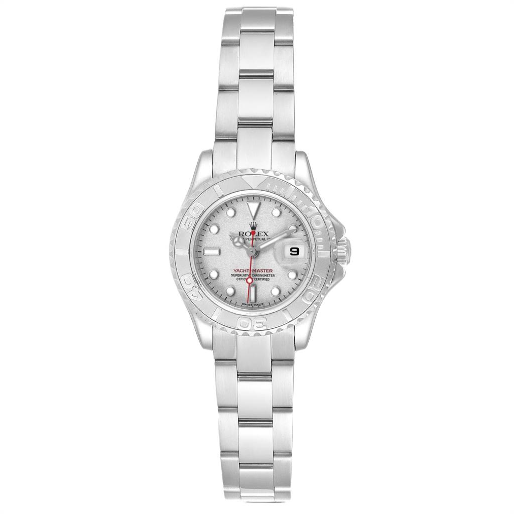 The image shows a front view of a Rolex Yacht-Master 169622 Women's Stainless Steel Silver Dial 169622 Women's Stainless Steel Silver Dial watch, highlighting the dial, bezel, bracelet, and crown.