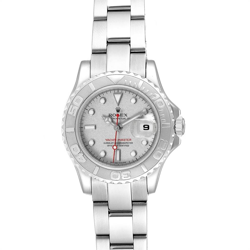 This image shows a front view of the Rolex Yacht-Master 169622 Women's Stainless Steel Silver Dial 169622 Women's Stainless Steel Silver Dial watch, displaying its dial, bezel, and part of the bracelet.
