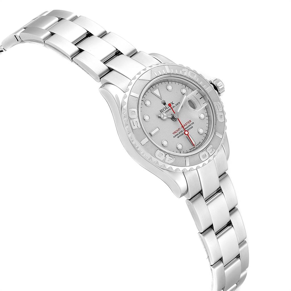 The image shows a side angle of a Rolex Yacht-Master 169622 Women's Stainless Steel Silver Dial 169622 Women's Stainless Steel Silver Dial watch, highlighting its dial, bezel, and bracelet.