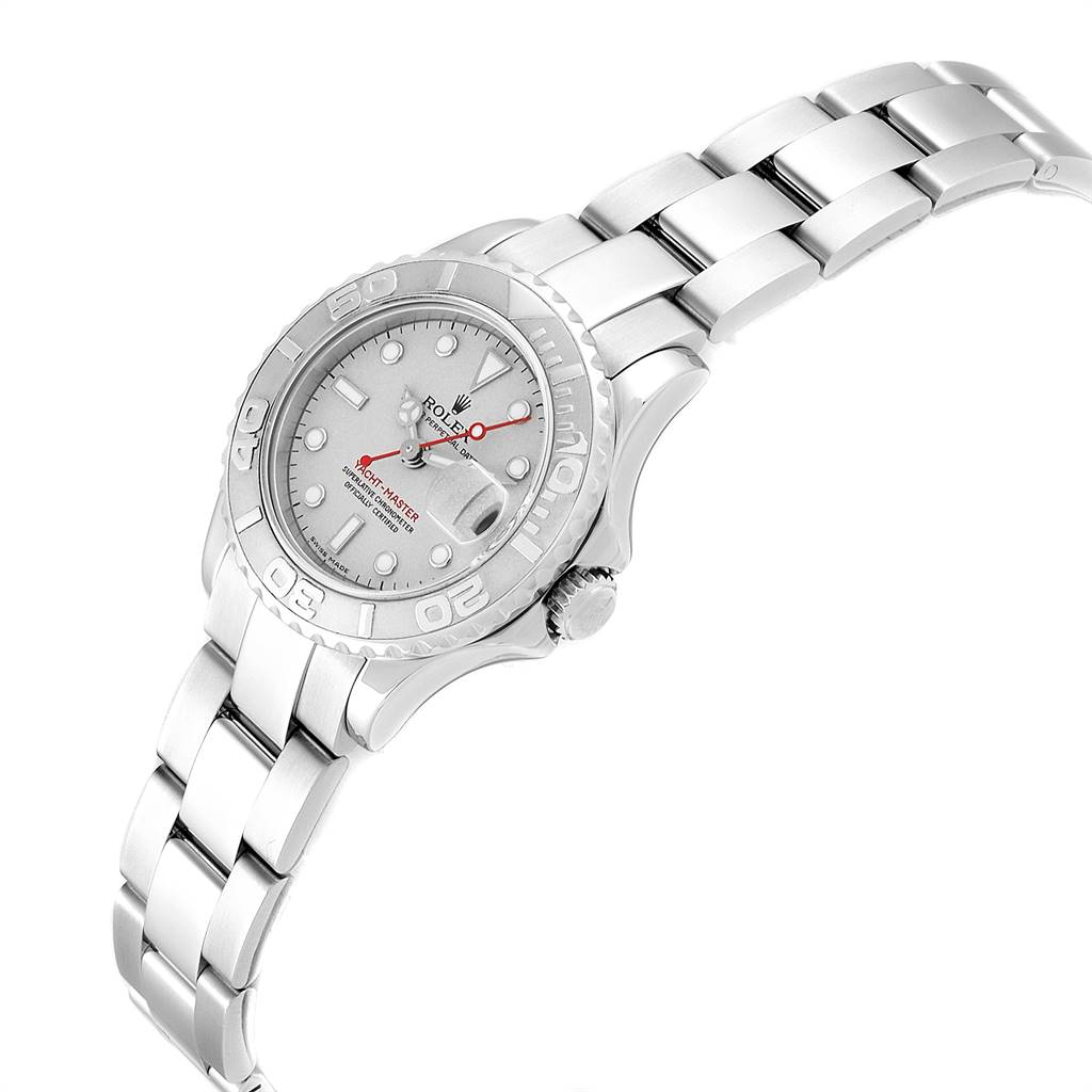 The image shows a Rolex Yacht-Master 169622 Women's Stainless Steel Silver Dial 169622 Women's Stainless Steel Silver Dial watch at a three-quarter angle, focusing on the dial, bezel, crown, and bracelet.