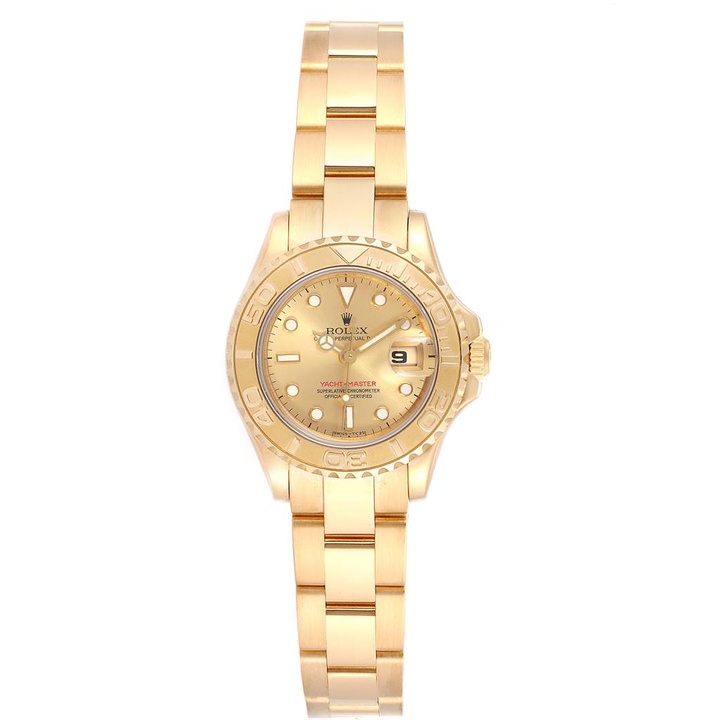 The Rolex Yacht-Master 69628 Women's Yellow Gold Champagne Dial 69628 Women's Yellow Gold Champagne Dial watch is shown from a straight-on angle, displaying the full face, bezel, and bracelet.