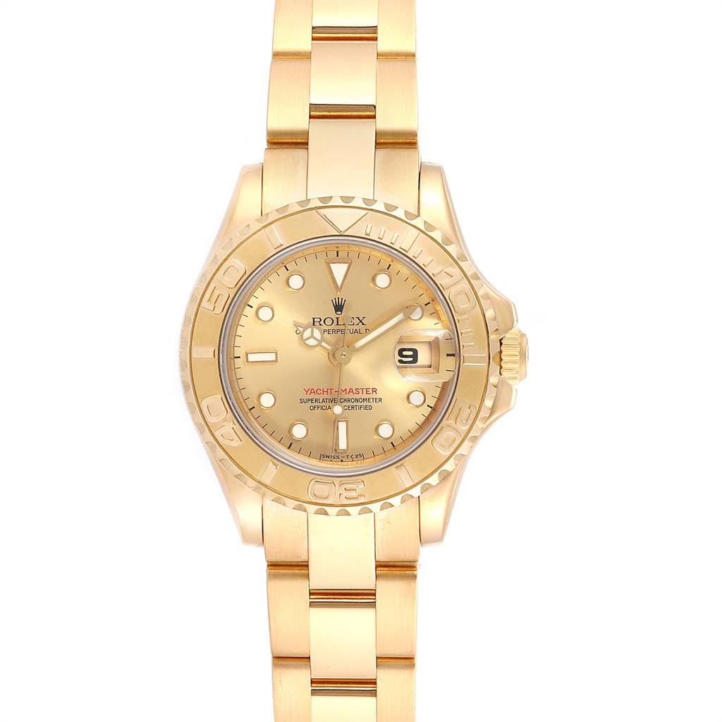 The image shows a front view of the Rolex Yacht-Master 69628 Women's Yellow Gold Champagne Dial 69628 Women's Yellow Gold Champagne Dial watch, displaying the face, bezel, and part of the bracelet.
