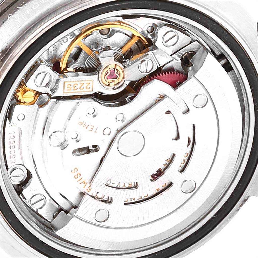 This image shows a close-up of the movement of a Rolex Yacht-Master 169622 Women's Stainless Steel Silver Dial 169622 Women's Stainless Steel Silver Dial watch from a top-down angle.