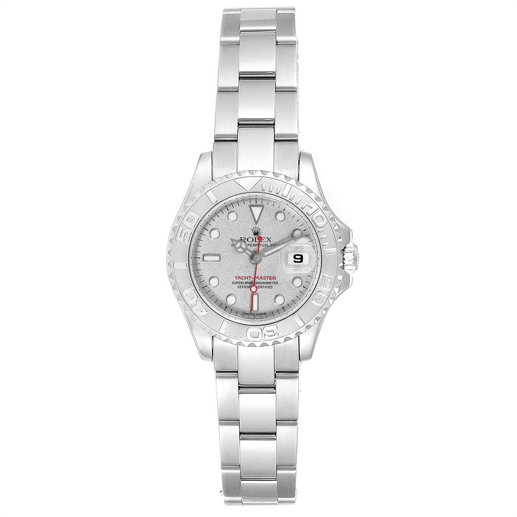 The image shows a Rolex Yacht-Master 169622 Women's Stainless Steel Silver Dial 169622 Women's Stainless Steel Silver Dial watch from a top-down angle, displaying the bezel, dial, bracelet, and watch crown.