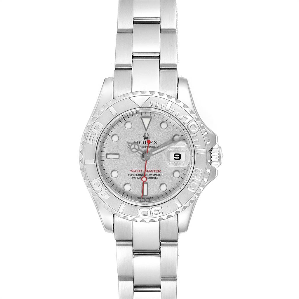 The image shows a front view of a Rolex Yacht-Master 169622 Women's Stainless Steel Silver Dial 169622 Women's Stainless Steel Silver Dial watch, displaying its dial, bezel, and bracelet.