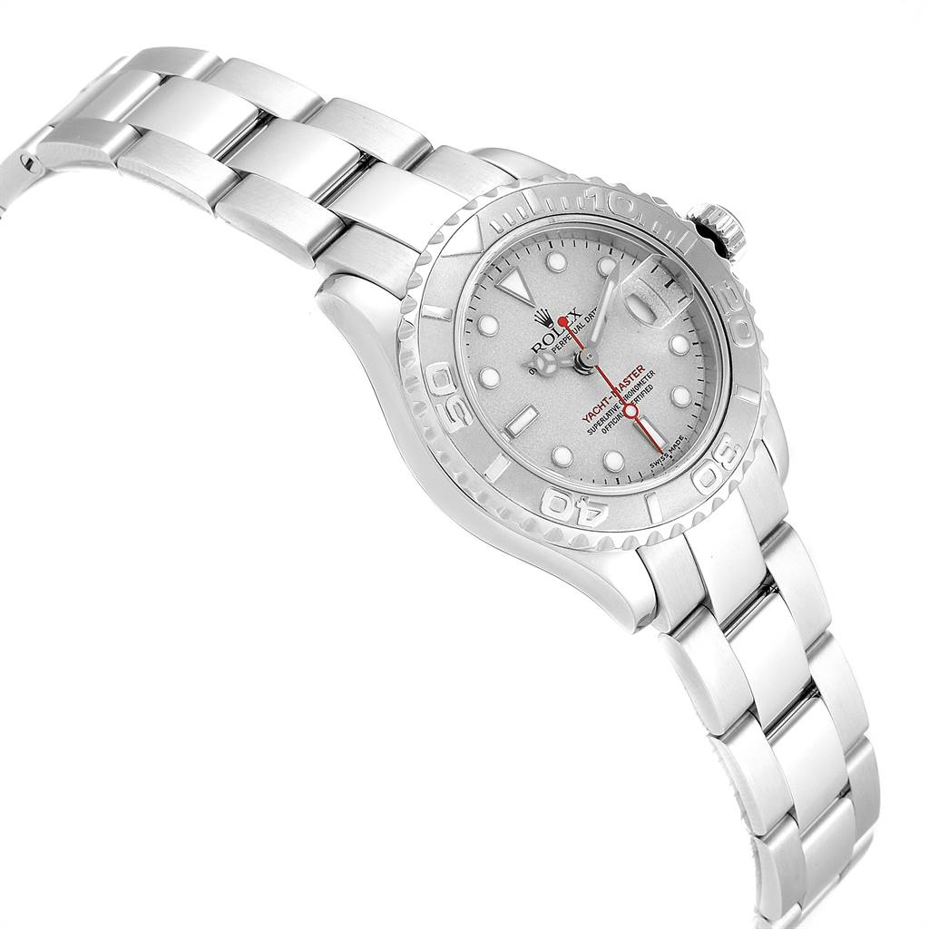 This image shows a side angle of the Rolex Yacht-Master 169622 Women's Stainless Steel Silver Dial 169622 Women's Stainless Steel Silver Dial watch, highlighting the bezel, dial, and part of the bracelet.