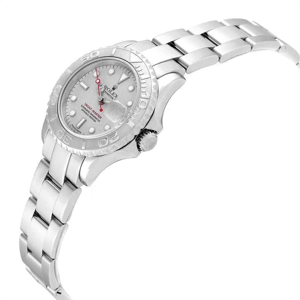 The image shows a side view of the Rolex Yacht-Master 169622 Women's Stainless Steel Silver Dial 169622 Women's Stainless Steel Silver Dial watch, highlighting its case, bezel, dial, crown, and bracelet.