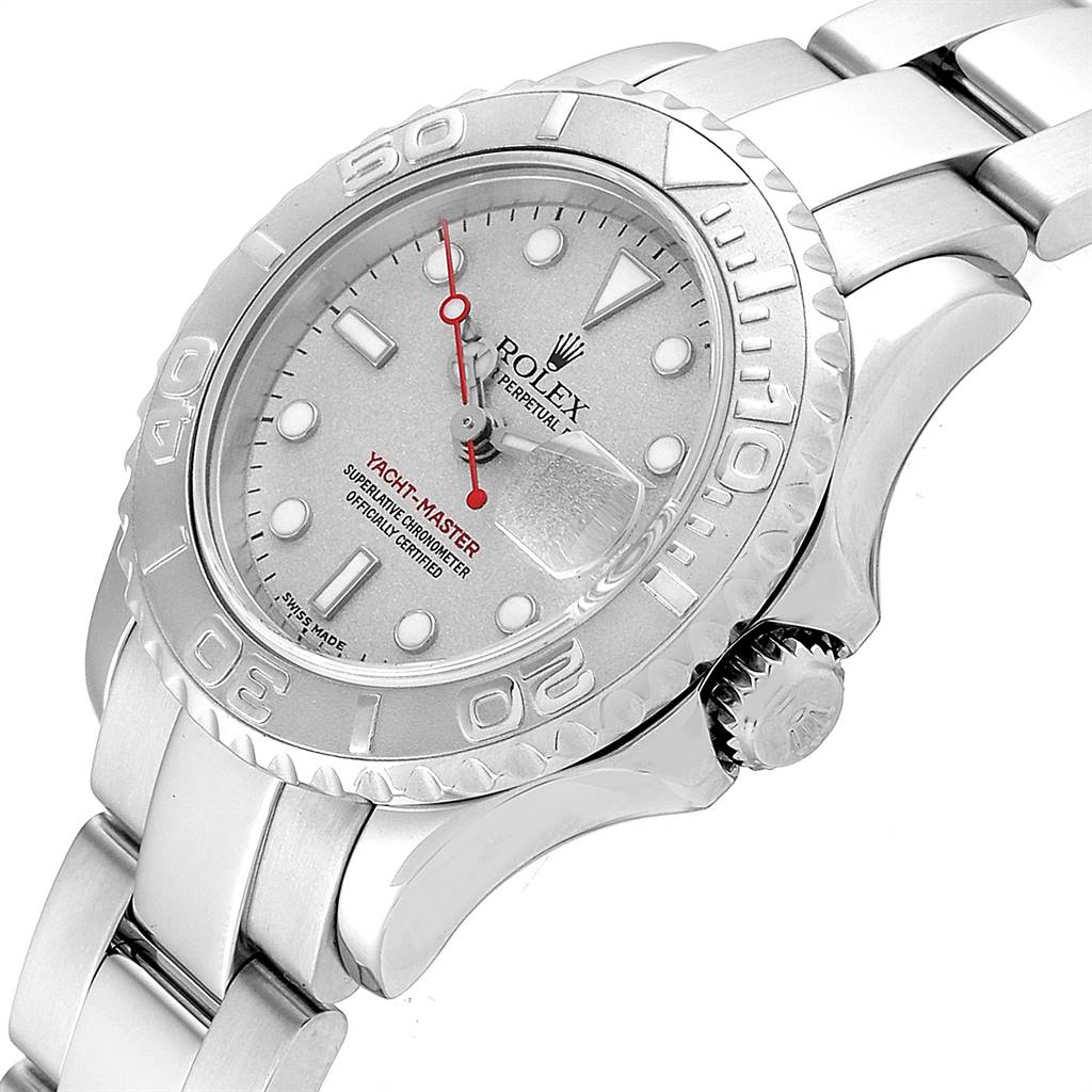 The image shows a Rolex Yacht-Master 169622 Women's Stainless Steel Silver Dial 169622 Women's Stainless Steel Silver Dial watch at an angled top view, highlighting the dial, bezel, crown, and part of the bracelet.