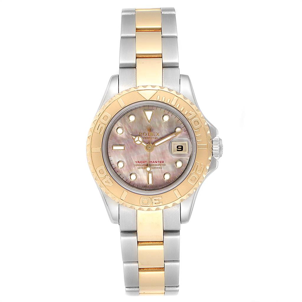 The image shows a front view of the Rolex Yacht-Master 169623 Women's Steel and Gold (two tone) Mother of Pearl Dial 169623 Women's Steel and Gold (two tone) Mother of Pearl Dial watch, highlighting its face, bezel, and two-tone bracelet.