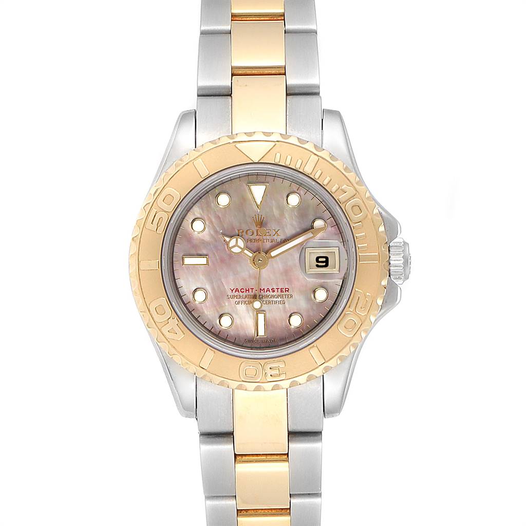 This image shows a frontal view of the Rolex Yacht-Master 169623 Women's Steel and Gold (two tone) Mother of Pearl Dial 169623 Women's Steel and Gold (two tone) Mother of Pearl Dial watch, displaying its face, bezel, and bracelet.