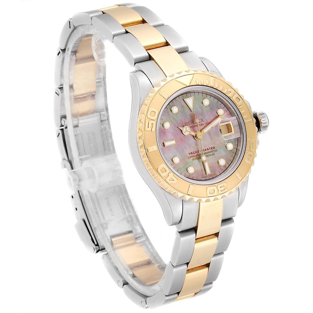 This Rolex Yacht-Master 169623 Women's Steel and Gold (two tone) Mother of Pearl Dial 169623 Women's Steel and Gold (two tone) Mother of Pearl Dial watch is shown at a three-quarter angle, highlighting its dial, bezel, and two-tone bracelet.