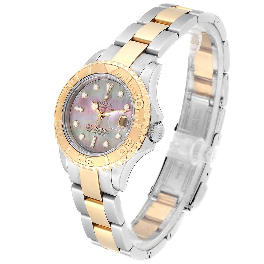 The image shows a Rolex Yacht-Master 169623 Women's Steel and Gold (two tone) Mother of Pearl Dial 169623 Women's Steel and Gold (two tone) Mother of Pearl Dial watch at a slight angle, displaying the dial, bezel, bracelet, and crown.