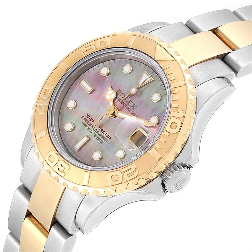 This image shows a Rolex Yacht-Master 169623 Women's Steel and Gold (two tone) Mother of Pearl Dial 169623 Women's Steel and Gold (two tone) Mother of Pearl Dial watch from an angled side view, highlighting the bezel, dial, case, bracelet, and crown.