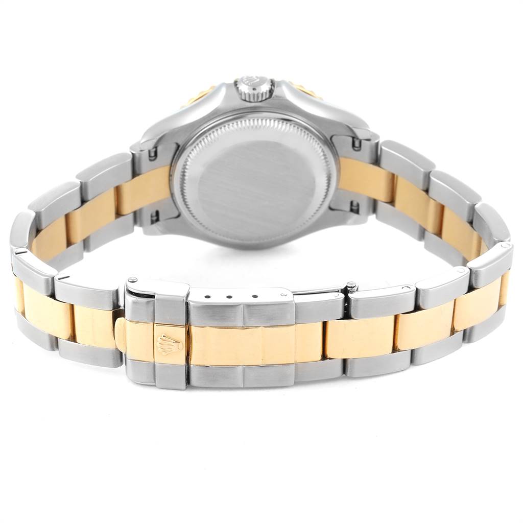 The image shows the Rolex Yacht-Master 169623 Women's Steel and Gold (two tone) Mother of Pearl Dial 169623 Women's Steel and Gold (two tone) Mother of Pearl Dial watch from the rear, highlighting the stainless steel case back and two-tone bracelet.