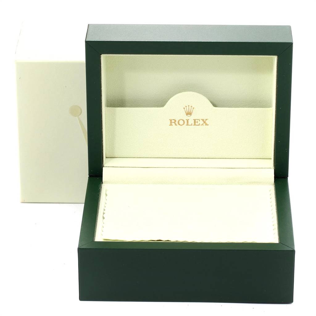 The image shows an open Rolex Yacht-Master 169623 Women's Steel and Gold (two tone) Mother of Pearl Dial 169623 Women's Steel and Gold (two tone) Mother of Pearl Dial watch box, displaying its interior padding and brand logo.