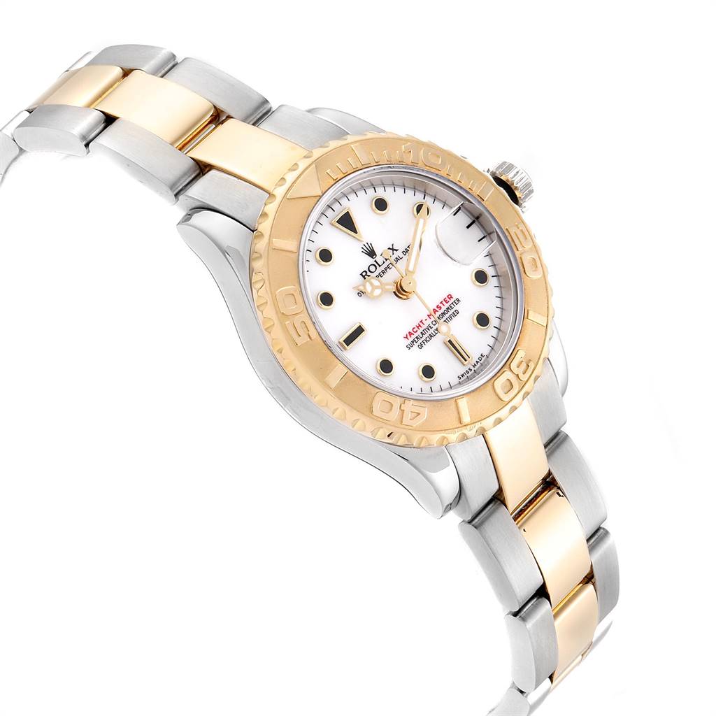 The image shows a Rolex Yacht-Master 169623 Women's Steel and Gold (two tone) White Dial 169623 Women's Steel and Gold (two tone) White Dial watch from an angled side view featuring its face, bezel, crown, and bracelet.
