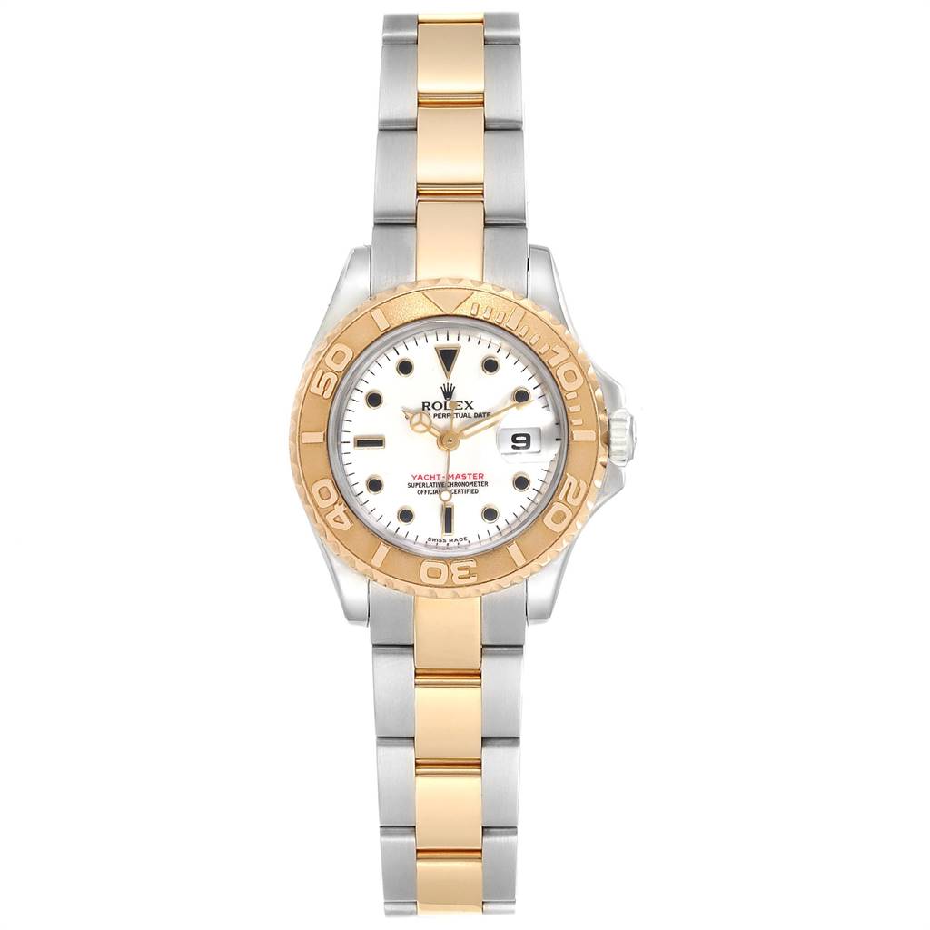 The Rolex Yacht-Master 169623 Women's Steel and Gold (two tone) White Dial 169623 Women's Steel and Gold (two tone) White Dial watch shown is a front view, displaying the dial, bezel, and bracelet.