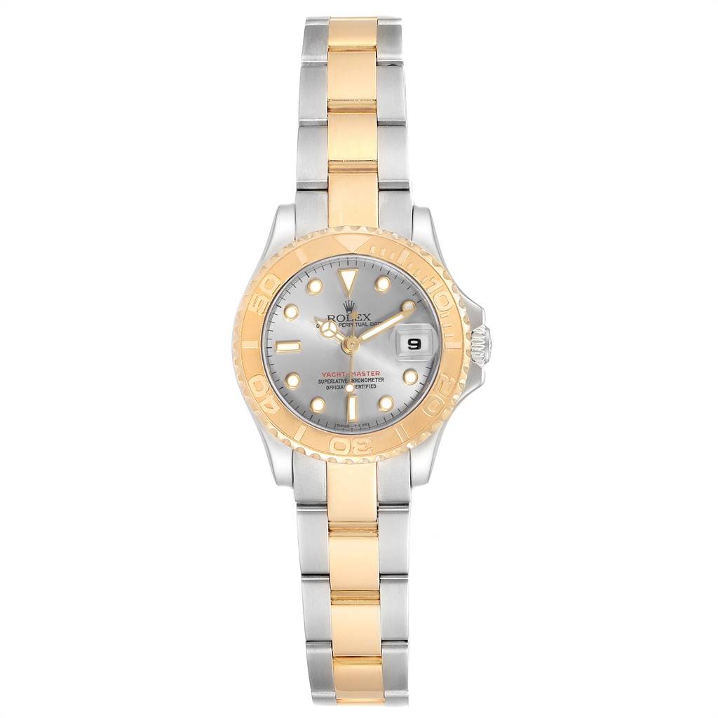 The image shows a front view of a Rolex Yacht-Master 69623 Women's Steel and Gold (two tone) Grey Dial 69623 Women's Steel and Gold (two tone) Grey Dial watch with a two-tone bracelet and a gold bezel.
