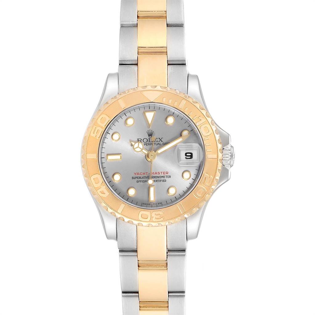 This image shows the full front view of a Rolex Yacht-Master 69623 Women's Steel and Gold (two tone) Grey Dial 69623 Women's Steel and Gold (two tone) Grey Dial watch, highlighting its face, bezel, and bracelet.