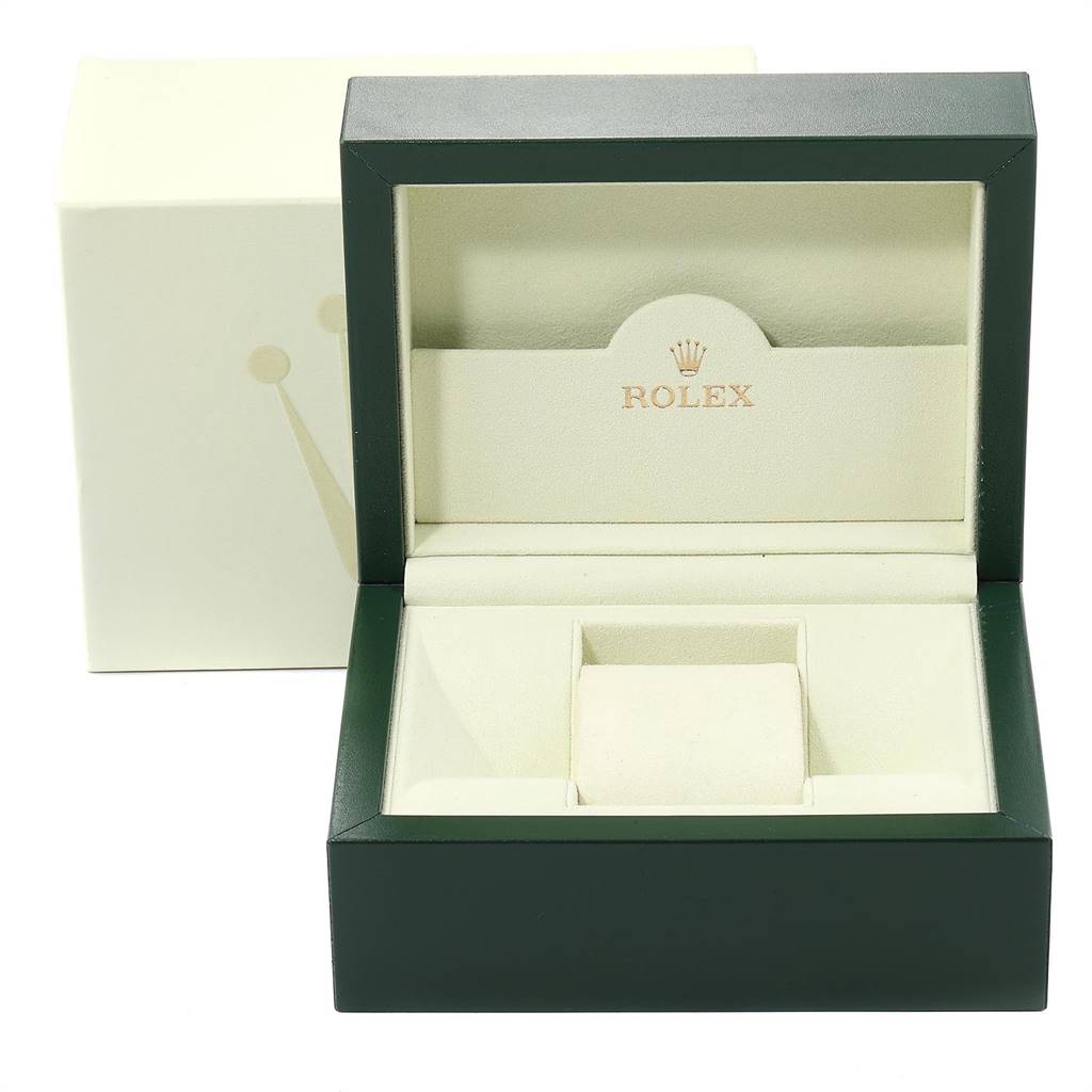 This image shows an open Rolex Yacht-Master 169622 Women's Stainless Steel Silver Dial 169622 Women's Stainless Steel Silver Dial watch box at a straight-on angle.