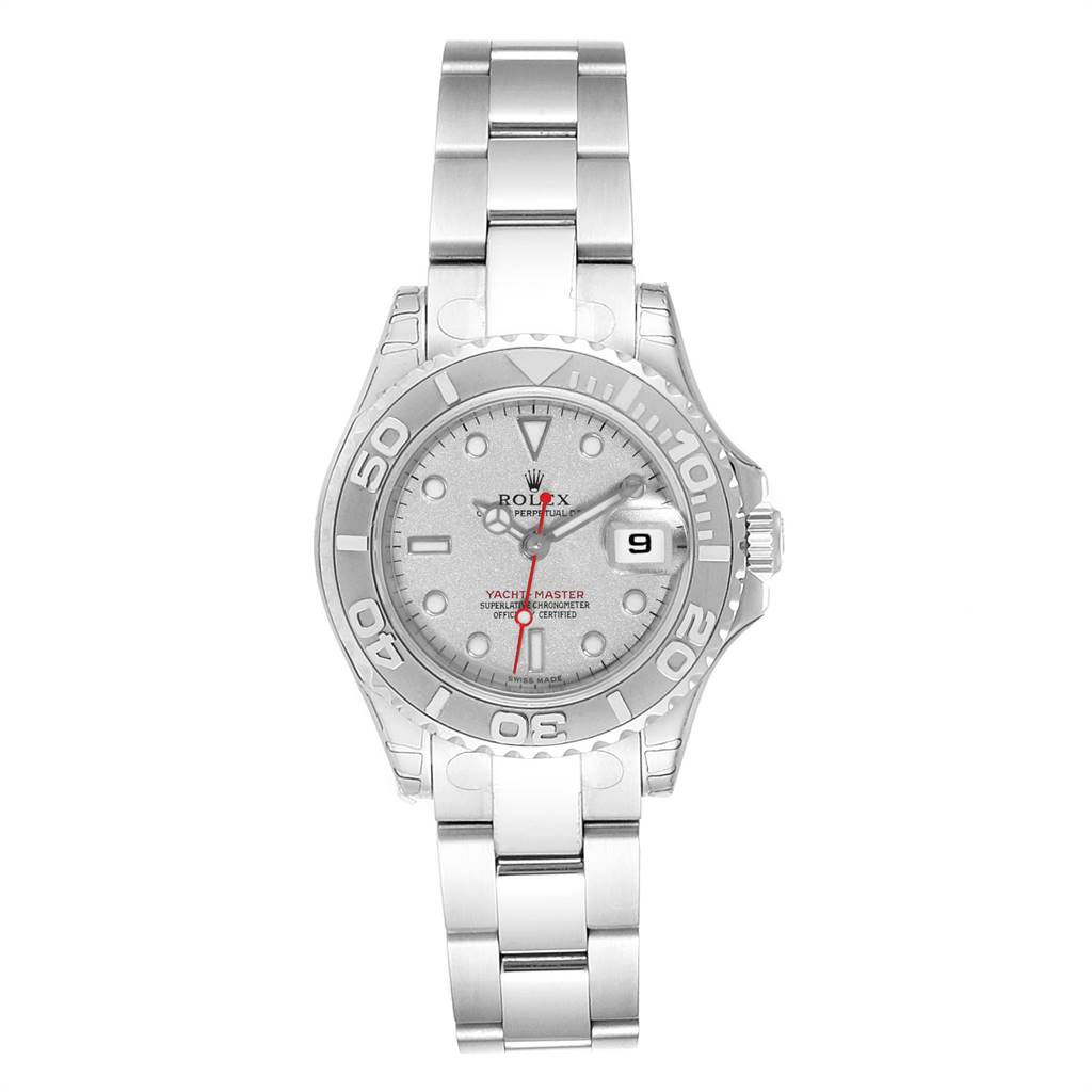 This Rolex Yacht-Master 169622 Women's Stainless Steel Silver Dial 169622 Women's Stainless Steel Silver Dial watch is shown from a front angle, highlighting the dial, bezel, and bracelet.