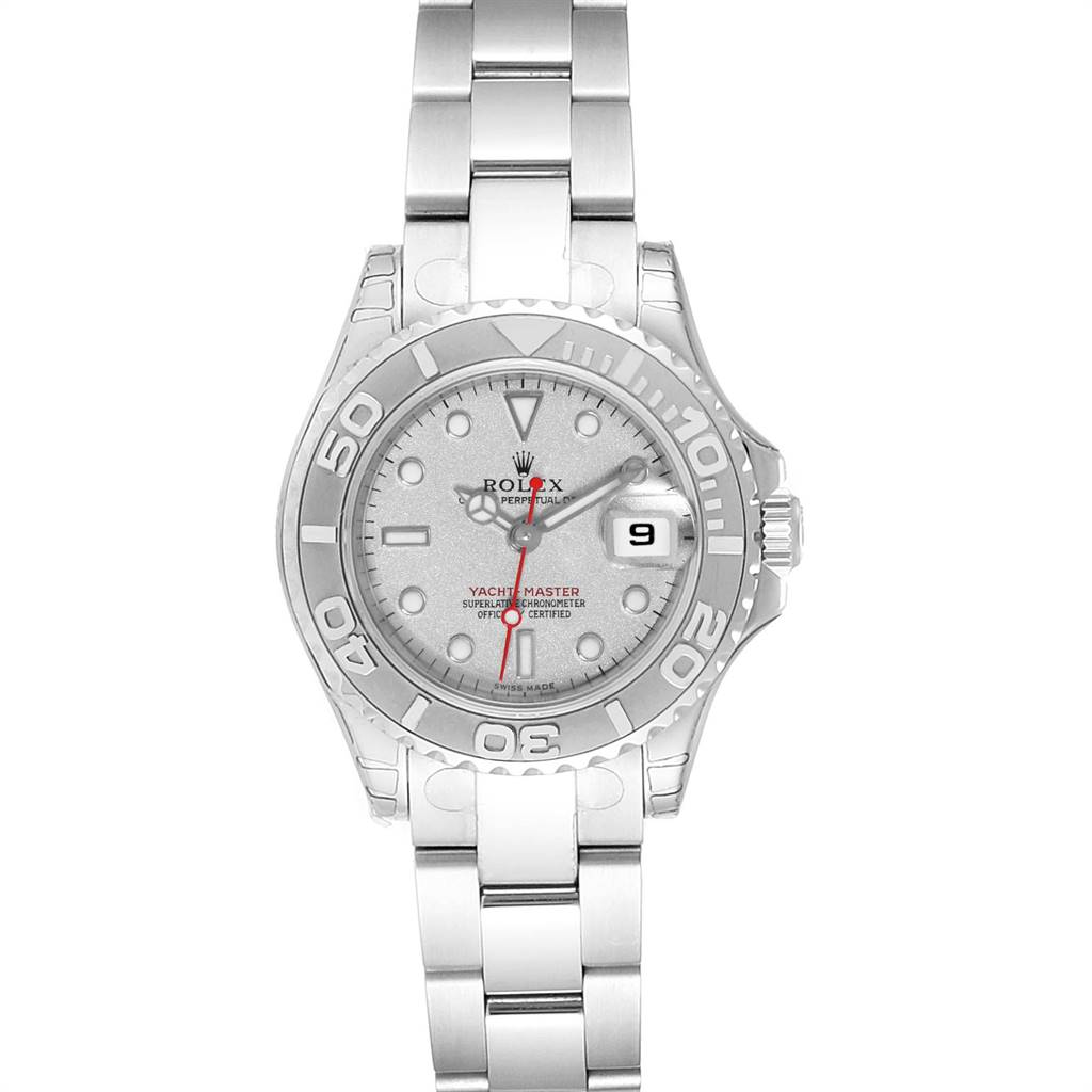 The image shows a front view of a Rolex Yacht-Master 169622 Women's Stainless Steel Silver Dial 169622 Women's Stainless Steel Silver Dial watch, displaying its face, bezel, and bracelet.