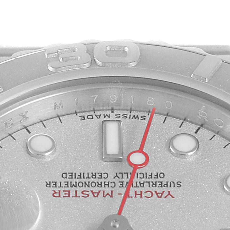 The image shows a close-up of the upper half of a Rolex Yacht-Master 169622 Women's Stainless Steel Silver Dial 169622 Women's Stainless Steel Silver Dial watch, highlighting the bezel, part of the dial, and the second hand.
