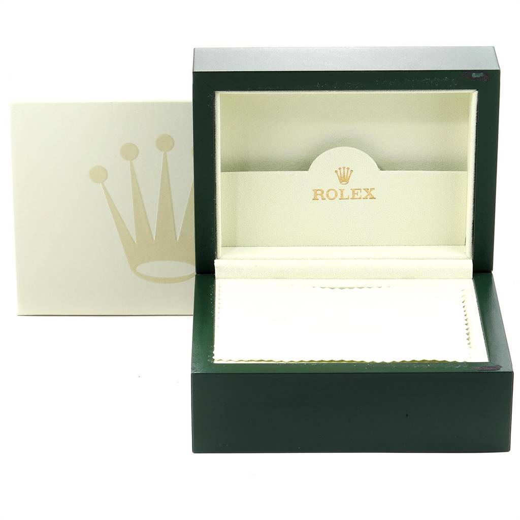 The image shows an open Rolex Yacht-Master 169628 Women's Yellow Gold Mother of Pearl Dial 169628 Women's Yellow Gold Mother of Pearl Dial watch box with the Rolex logo, viewed from the front.