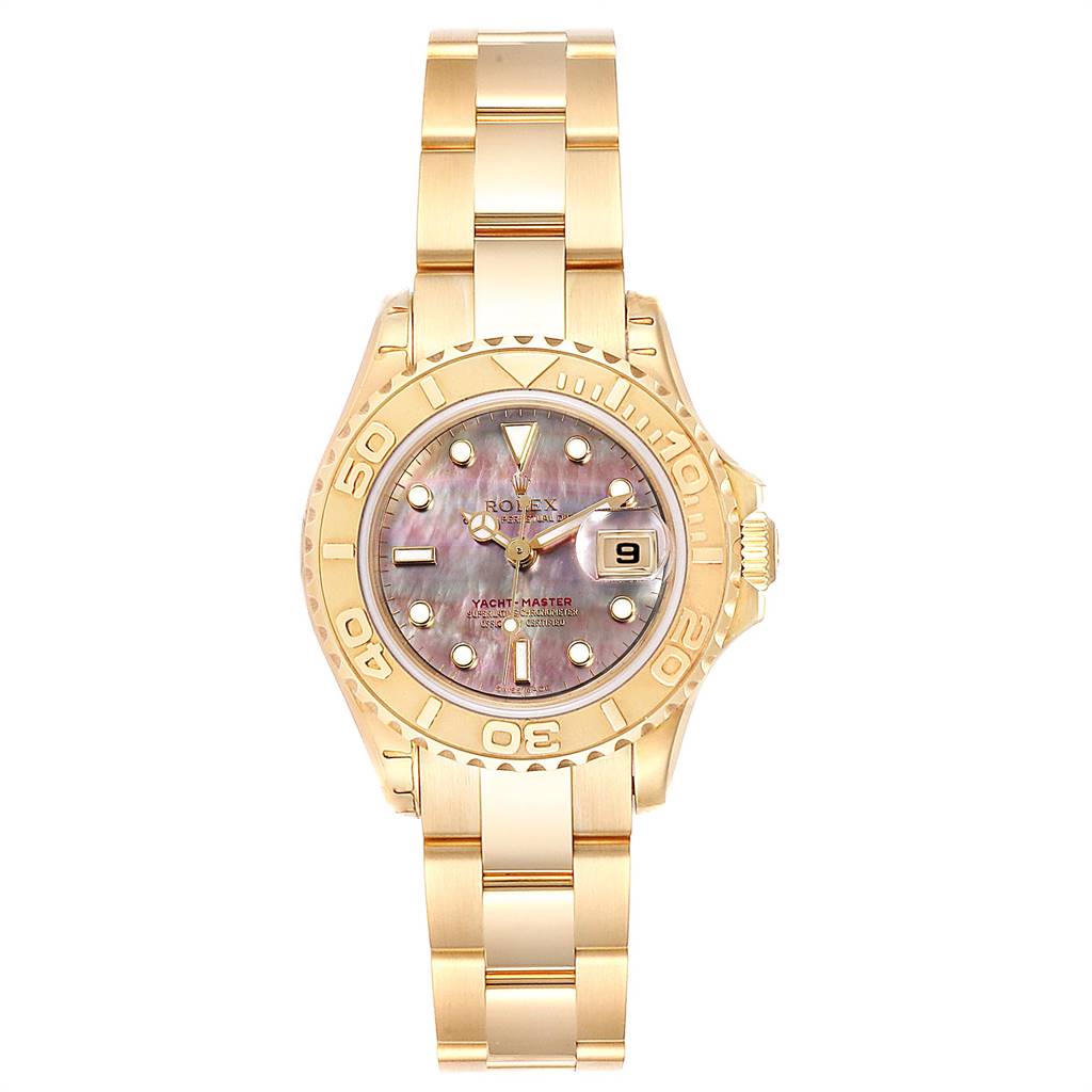 This Rolex Yacht-Master 169628 Women's Yellow Gold Mother of Pearl Dial 169628 Women's Yellow Gold Mother of Pearl Dial watch is shown from a front angle, displaying the dial, case, bracelet, and bezel.