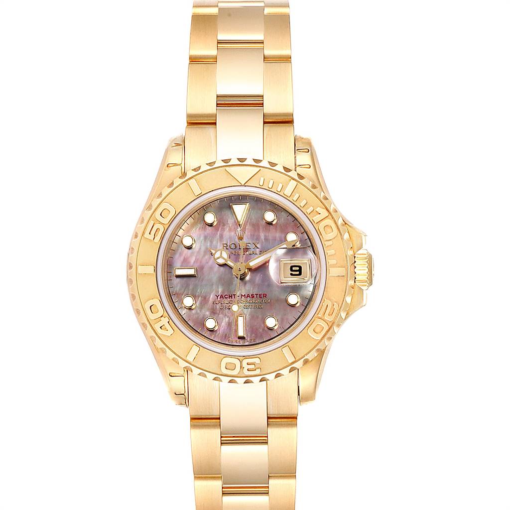 The image shows a front view of a Rolex Yacht-Master 169628 Women's Yellow Gold Mother of Pearl Dial 169628 Women's Yellow Gold Mother of Pearl Dial watch, highlighting the face, bezel, and bracelet.