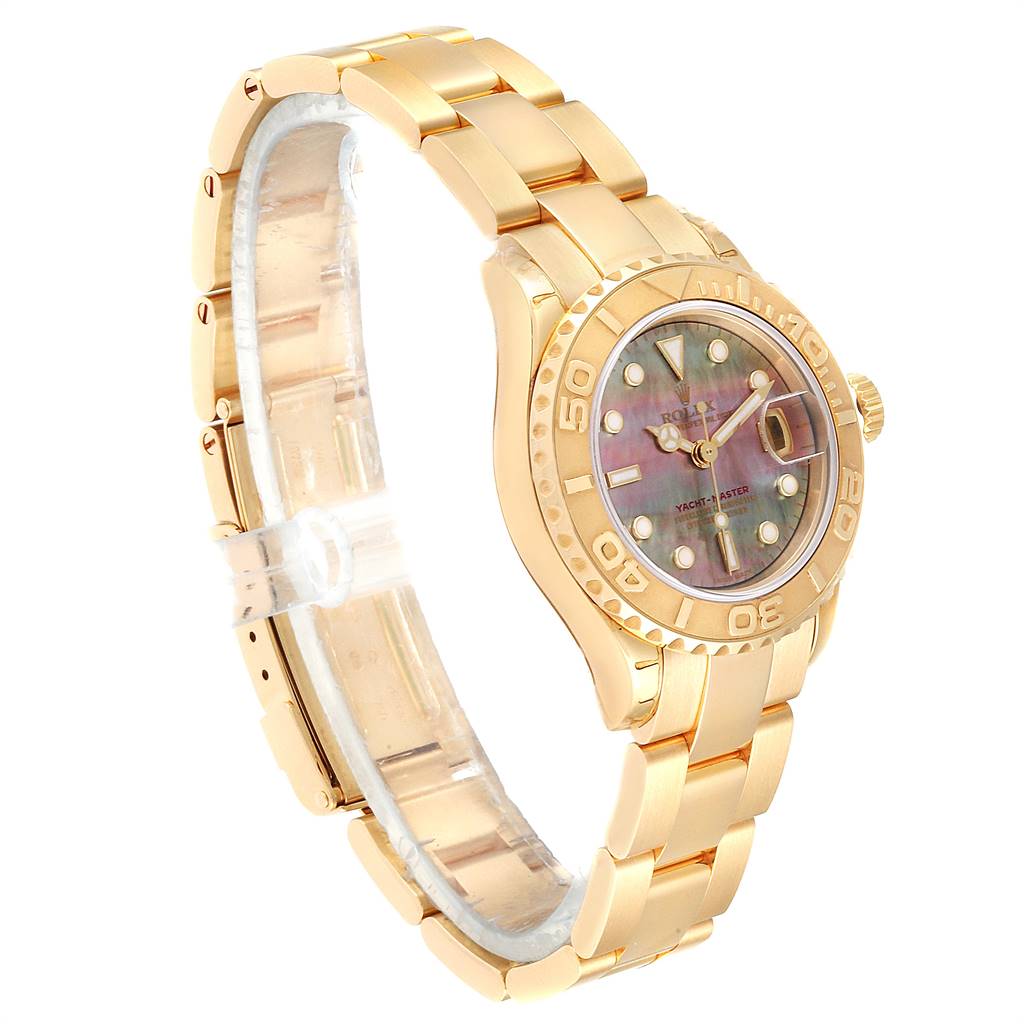 The Rolex Yacht-Master 169628 Women's Yellow Gold Mother of Pearl Dial 169628 Women's Yellow Gold Mother of Pearl Dial watch is shown at a slight angle, highlighting its gold bracelet, bezel, and mother-of-pearl dial.