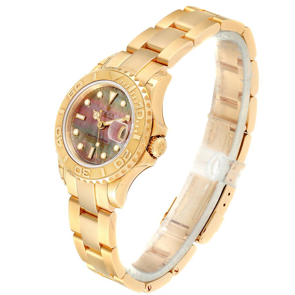 This Rolex Yacht-Master 169628 Women's Yellow Gold Mother of Pearl Dial 169628 Women's Yellow Gold Mother of Pearl Dial watch is shown at an angled view highlighting the bracelet, bezel, crown, and dial.