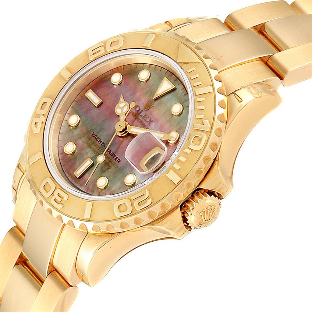 The image shows the face and bracelet of the Rolex Yacht-Master 169628 Women's Yellow Gold Mother of Pearl Dial 169628 Women's Yellow Gold Mother of Pearl Dial watch, captured from a slight side angle.