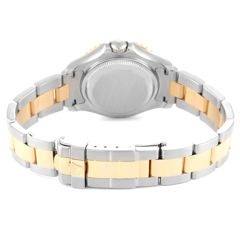 This image shows the back view of a Rolex Yacht-Master 69623 Women's Steel and Gold (two tone) White Dial 69623 Women's Steel and Gold (two tone) White Dial watch, focusing on the case back and two-tone bracelet.