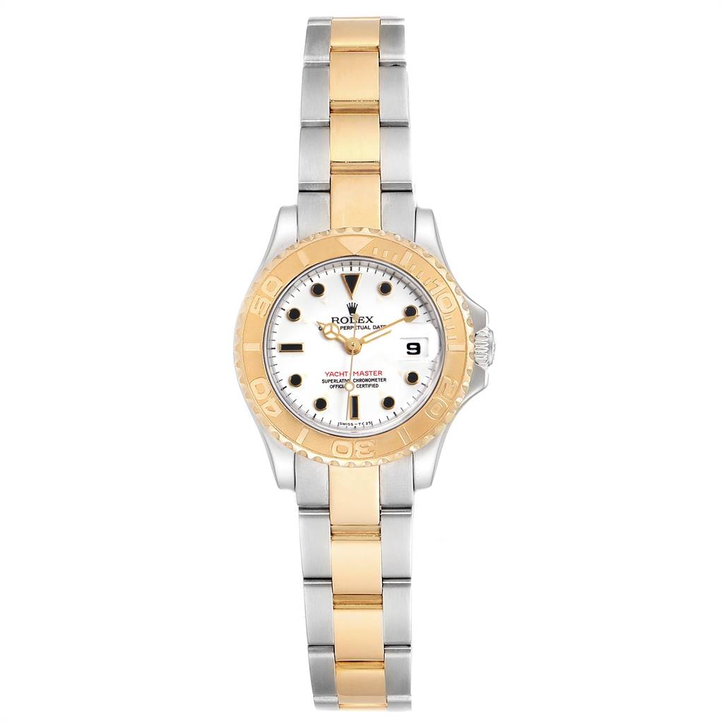 The Rolex Yacht-Master 69623 Women's Steel and Gold (two tone) White Dial 69623 Women's Steel and Gold (two tone) White Dial watch is shown from the front, displaying its dial, bezel, and bracelet.