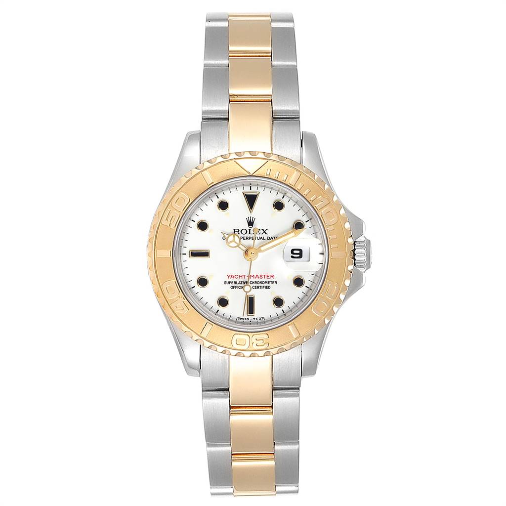 This image shows a front view of a Rolex Yacht-Master 69623 Women's Steel and Gold (two tone) White Dial 69623 Women's Steel and Gold (two tone) White Dial watch with a two-tone band and gold bezel.