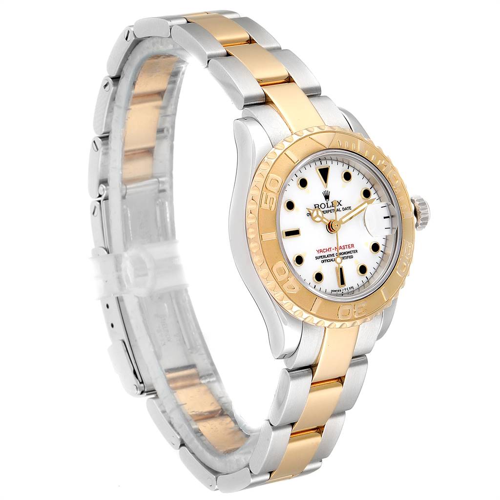 This Rolex Yacht-Master 69623 Women's Steel and Gold (two tone) White Dial 69623 Women's Steel and Gold (two tone) White Dial watch is shown at a slight angle, displaying its dial, bezel, crown, and two-tone bracelet.