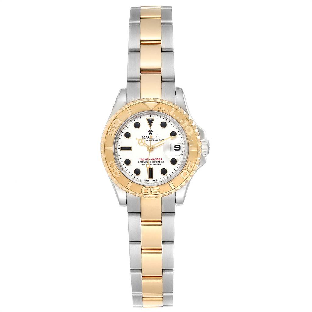The image shows a top-down view of a Rolex Yacht-Master 69623 Women
s Steel and Gold (two tone) White Dial 69623 Women
s Steel and Gold (two tone) White Dial watch, displaying the face, bezel, and bracelet.