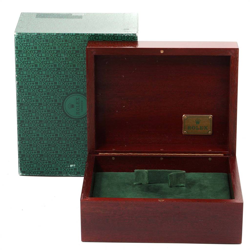 The image shows an open Rolex Yacht-Master 68628 Yellow Gold White Dial 68628 Yellow Gold White Dial watch box positioned at a straight-on angle.