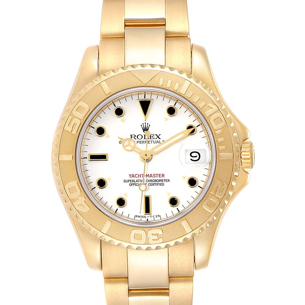 This Rolex Yacht-Master 68628 Yellow Gold White Dial 68628 Yellow Gold White Dial watch is shown from a front angle, highlighting the dial, bezel, and bracelet.