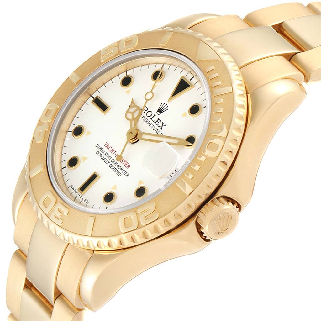 The Rolex Yacht-Master 68628 Yellow Gold White Dial 68628 Yellow Gold White Dial model is shown at an angle highlighting the dial, bezel, crown, and part of the bracelet.