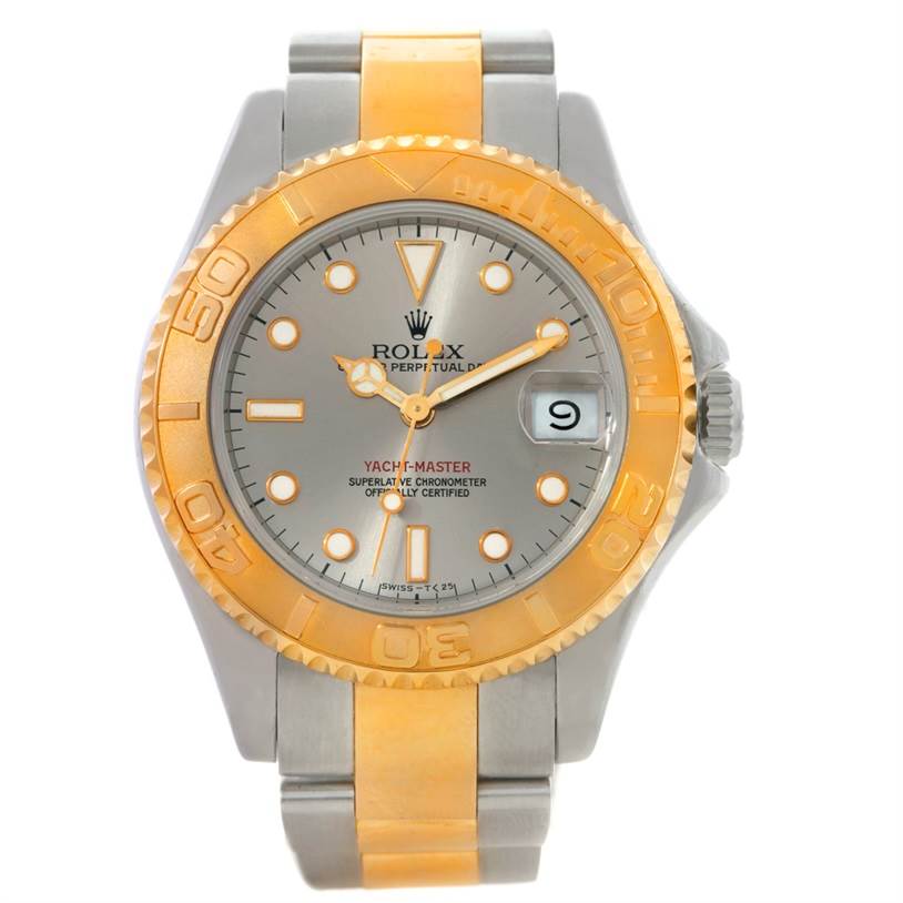 The Yacht-Master Rolex watch is shown from the front, highlighting its face, bezel, bracelet, and date display.